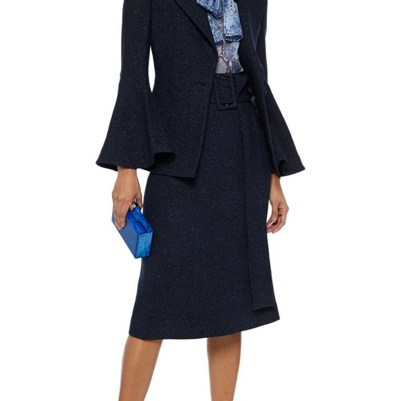 $1290 NWT OSCAR DE LA RENTA Belted metallic wool-blend crepe skirt size 6 - Picture 1 of 5